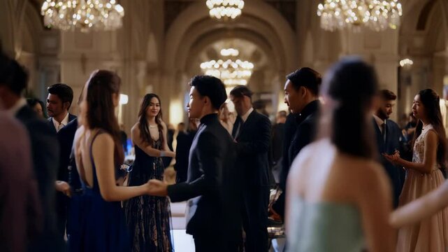 Elegant ballroom with chandeliers, guests in formal attire, and floral arrangements.