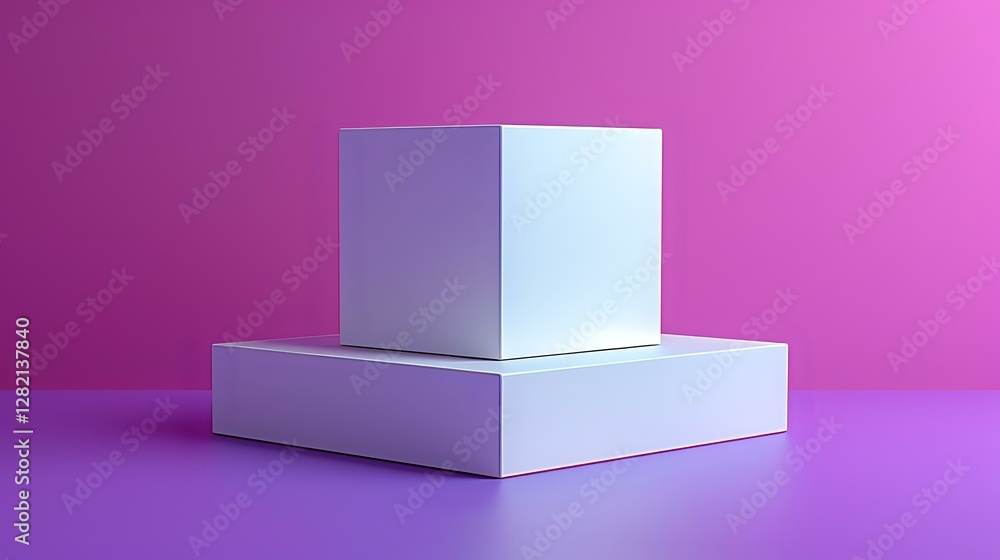 Poster white geometric cube podium on purple gradient background with soft lighting and shadows for product