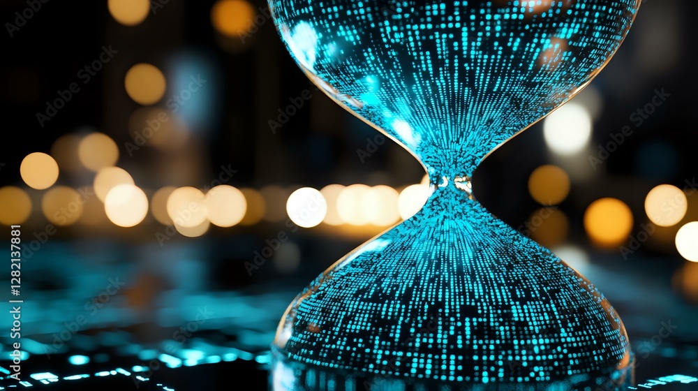 Poster glowing blue hourglass with digital pattern against blurred bokeh background shows time flowing in m