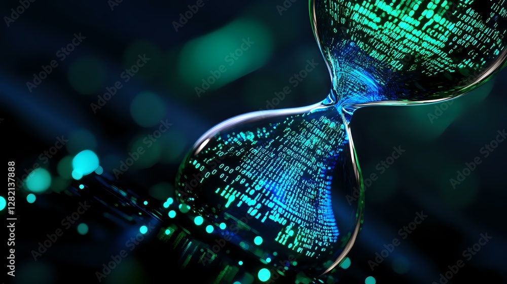 Poster digital hourglass with flowing binary code and glowing blue-green particles against dark background 