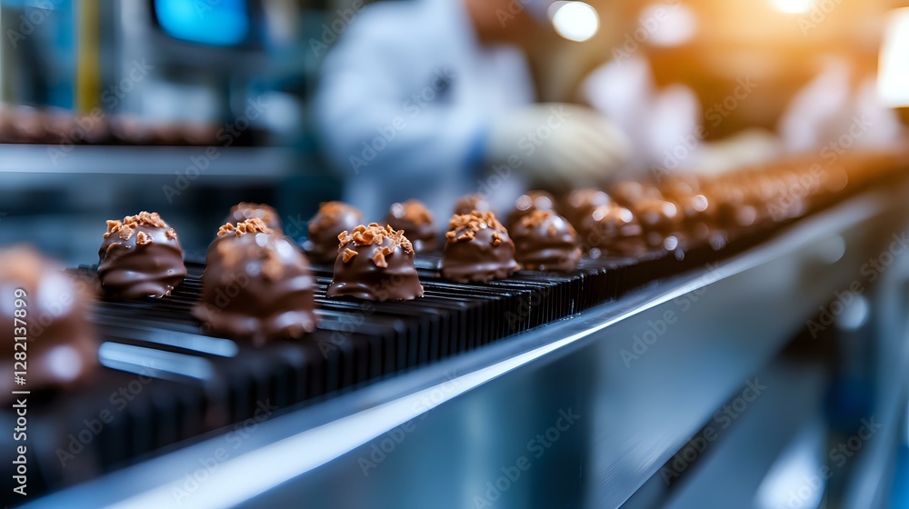 Poster chocolate pralines with nuts on conveyor belt in confectionery production line. dark chocolate candi