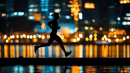 Silhouette of a female athlete running by the water at night, illuminated by city lights.
