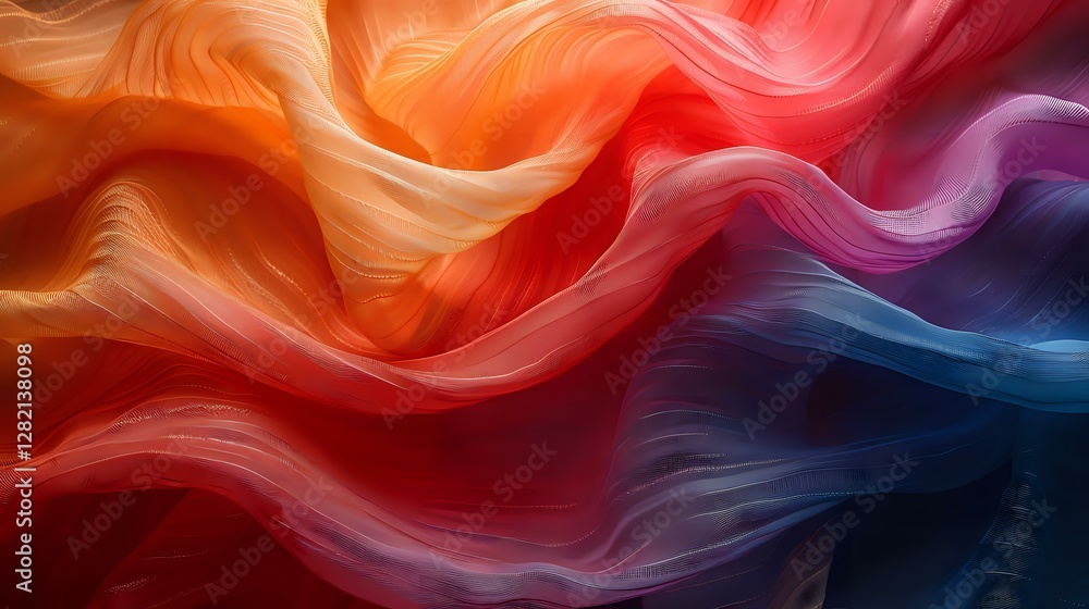 Poster flowing abstract waves in vibrant orange, red, and blue create dynamic motion effect with smooth gra
