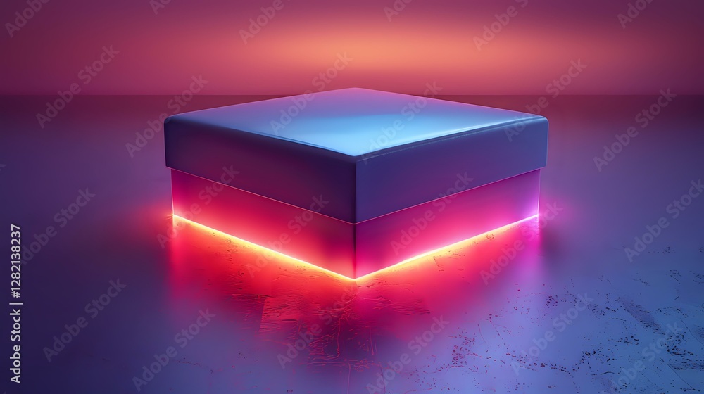 Aufkleber glowing neon box with red light effect on dark background, futuristic platform with luminous element