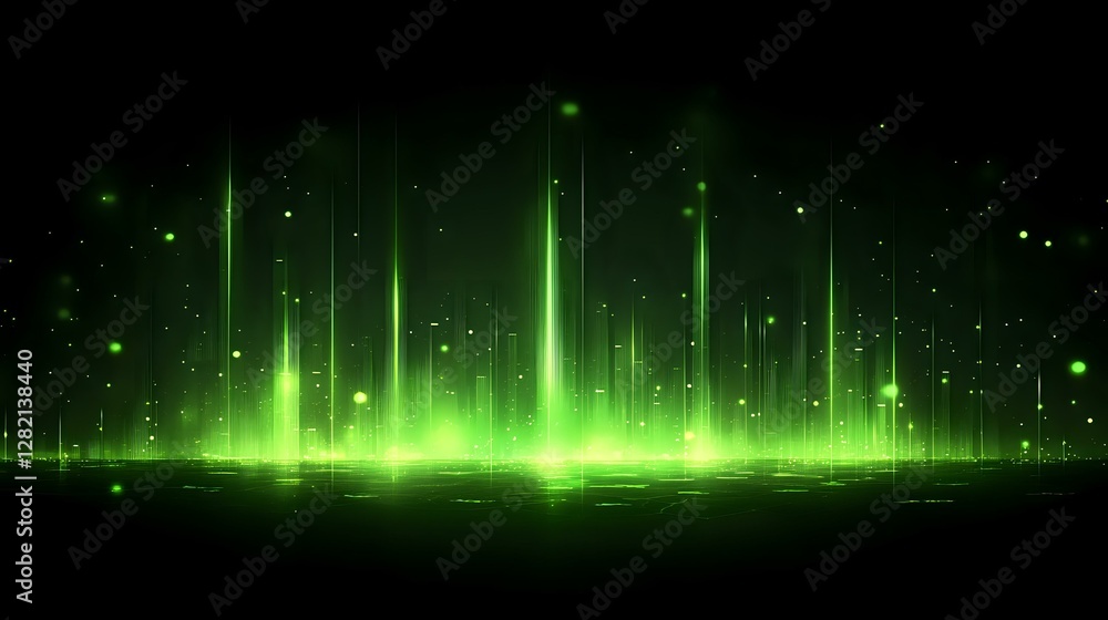 Poster glowing green aurora-like light beams rise from horizon against dark background with floating partic