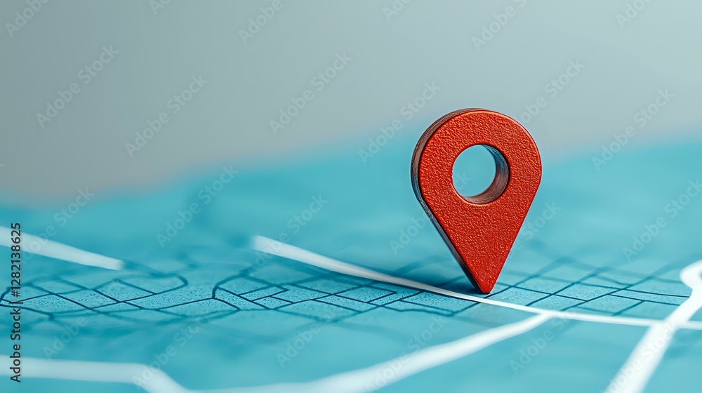 Poster red location pin marker on turquoise city map background with street grid pattern, modern minimal co