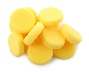 Yellow sponges for face painting isolated on white, top view
