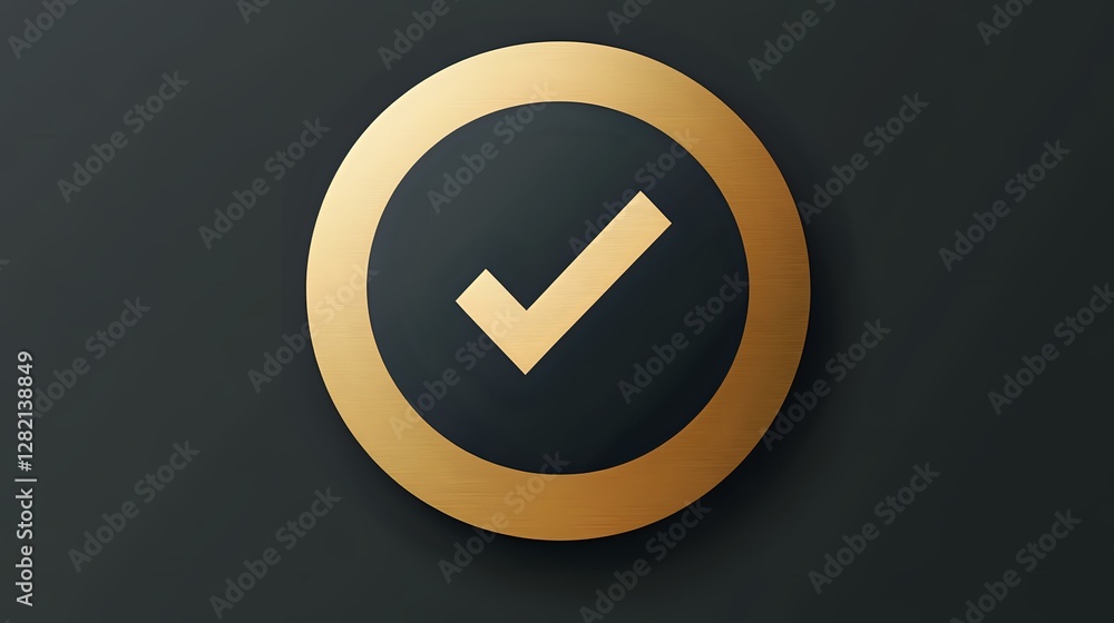 Poster golden checkmark symbol in circle on dark background, metallic finish with shadow effect creates mod