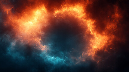 Naklejka premium A surreal blue and orange space with a hole at its center, symbolizing the vastness of the sky and the warmth of the sun, blending nature's elements into a modern cosmic representation.