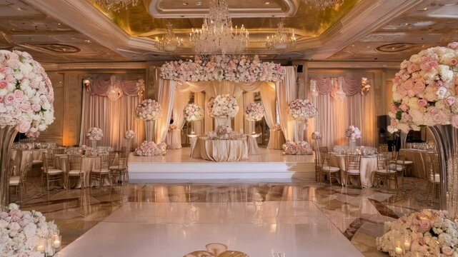 Elegant wedding reception hall with lavish floral arrangements, a raised dance floor, and gold chiavari chairs.