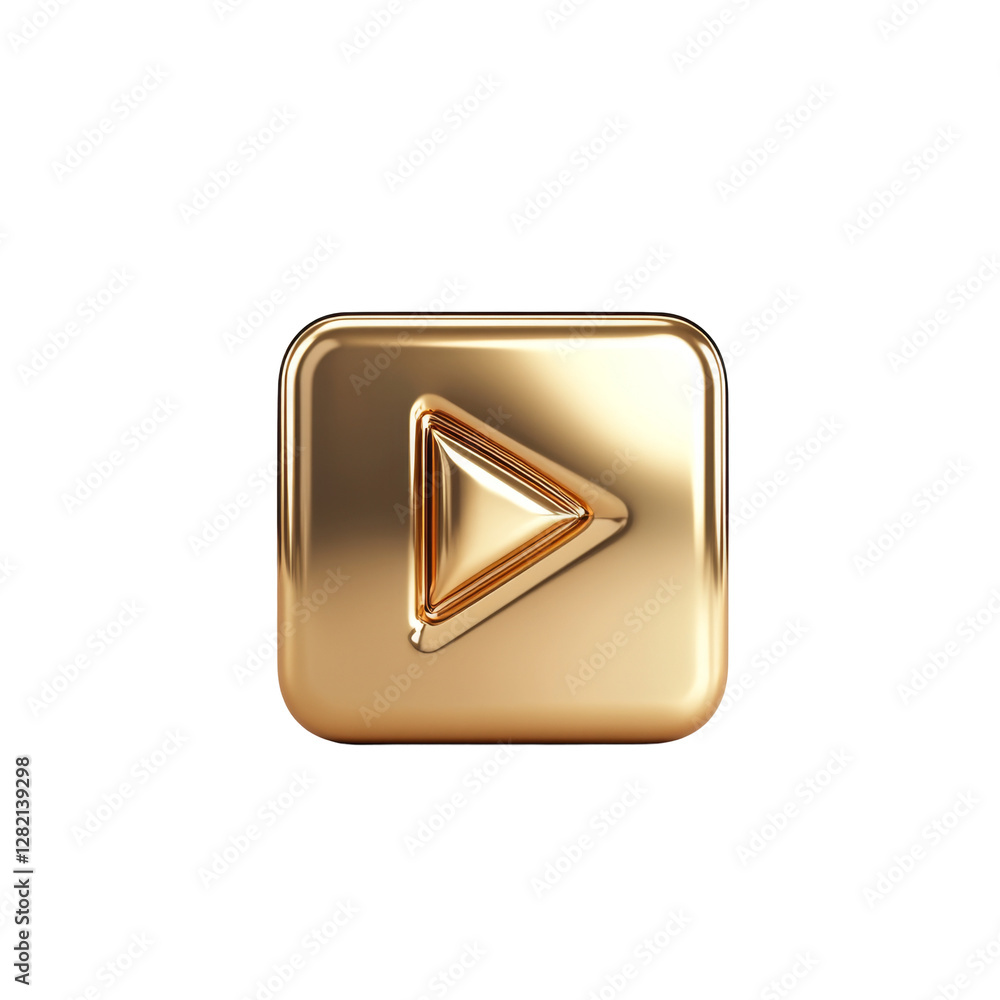 Aufkleber shiny gold play button icon with triangle symbol on square shape reflective metallic surface