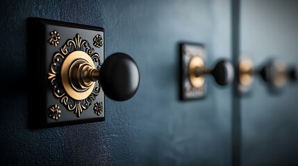 Elegant vintage door knobs on a dark textured wall, showcasing intricate designs and craftsmanship