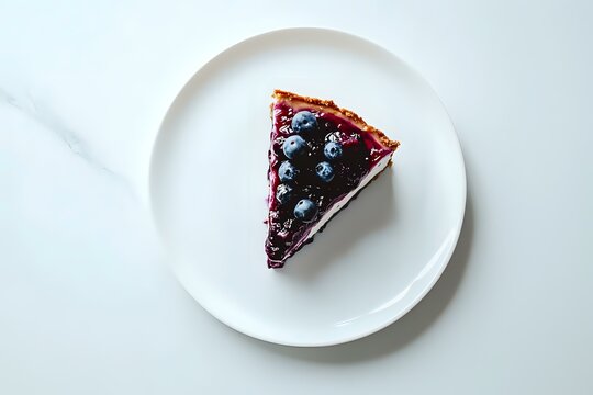 Slice of fresh blueberry cheesecake topped with whole berries and berry sauce on white plate against marble background, overhead view for food photography.