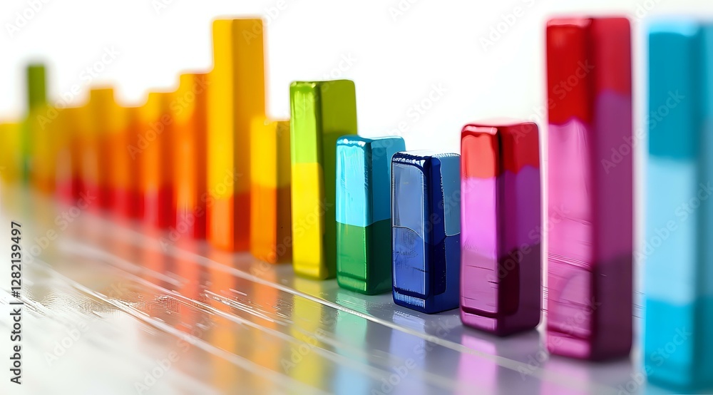Poster colorful ascending bar graph elements arranged in rainbow spectrum order on white surface with selec