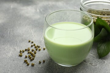 Fresh mung bean juice in glass, seeds and green leaves on grey table, closeup. Space for text