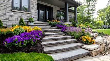 Obraz premium A vibrant garden scene with pansies blooming in a variety of colors, creating a cheerful and welcoming display