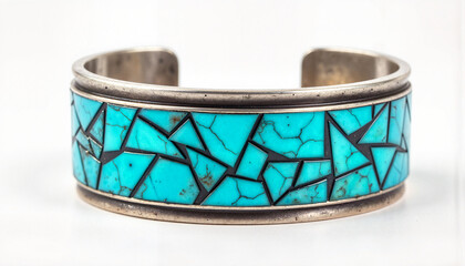Intricate silver cuff with turquoise inlay, artistic craftsmanship