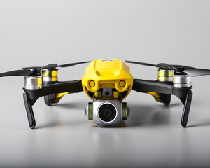 A yellow drone with silver and black components. It's a tiny drone equipped with a camera