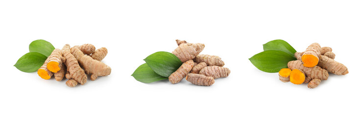Turmeric roots and green leaves isolated on white, set