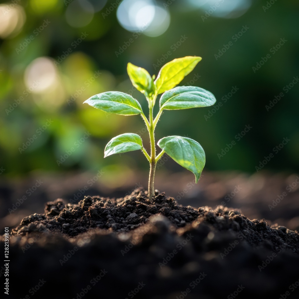 Poster new plant sprouting from rich soil in a sunny garden setting during daylight hours. generative ai