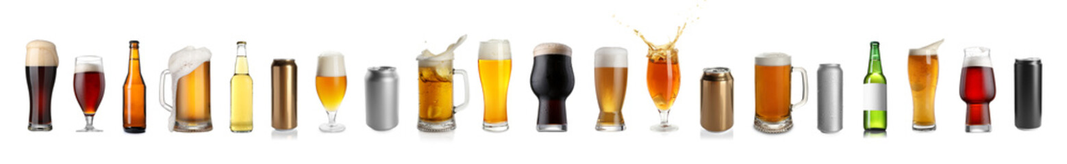 Different types of fresh beer isolated on white, set