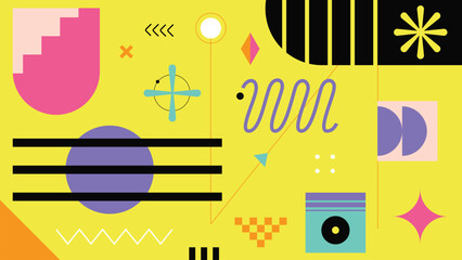 Obraz premium Colorful memphis shape geometric colorful shape texture. Geometric elements in 80's memphis style. Background for brochures, promotional materials and wallpaper. Vector illustration.
