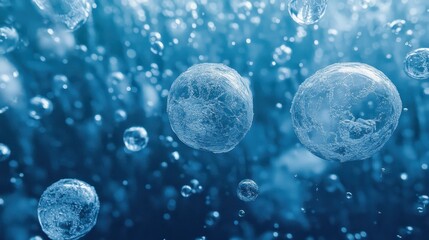 Close-up of clear bubbles rising through a vibrant blue liquid, creating a mesmerizing underwater effect.