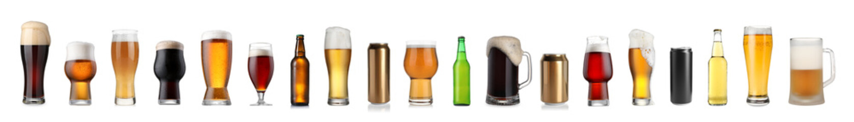 Different types of fresh beer isolated on white, set