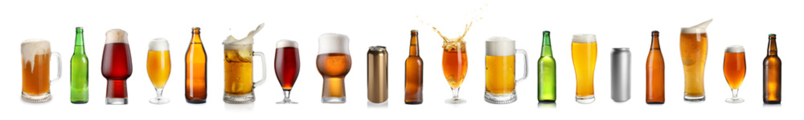 Different types of fresh beer isolated on white, set