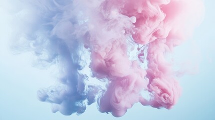 Soft pastel smoke swirls in pink and blue against a light backdrop, creating an ethereal and calming atmosphere.