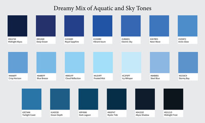 Color Palette 20 Shades of Blue - Aquatic and Sky Tones with HEX Codes and Names, Colour Swatches and Combinations