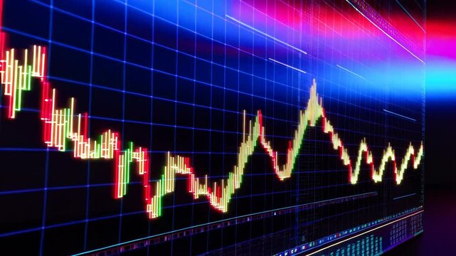Vibrant candlestick chart displays dynamic stock market data on a screen.