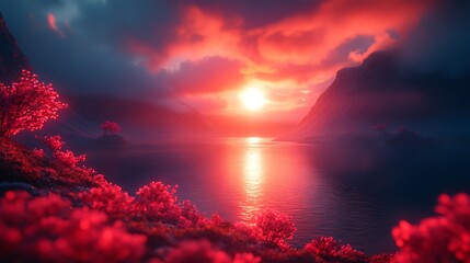 A dramatic tundra scene with colorful lichens and shrubs covering the landscape under a glowing sunset