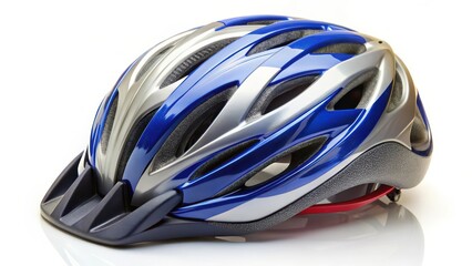 Fototapeta premium Blue and Silver Bicycle Helmet on White Background