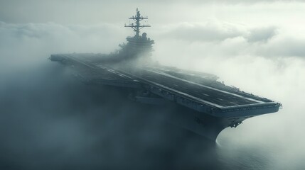 Aircraft carrier emerges from a thick blanket of fog