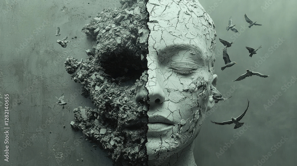 Poster surreal split face showcasing contrasting textures of decay and serenity with birds flying in the ba