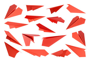 Red paper planes on white background, set