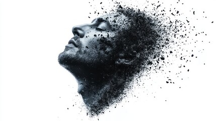Profile of a man dissolving into particles against a white background