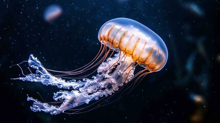 Glowing jellyfish drifting through deep ocean, ethereal and serene, vibrant and mesmerizing