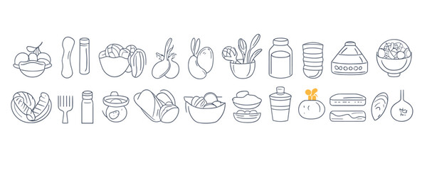 Naklejka premium Linear flat icons set of kitchenware and ingredients in simple style.