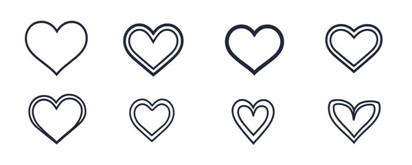 Linear heart icons set - flat vector style with various heart designs.