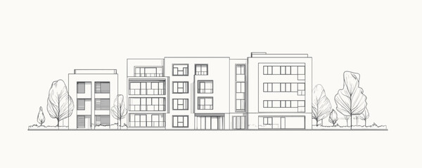 Obraz premium Modern flat style linear icons set of urban buildings and trees - vector illustration.