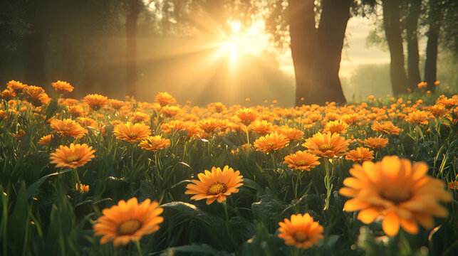 A vibrant meadow filled with bright calendula flowers, their yellow and orange petals glowing under the sunlight