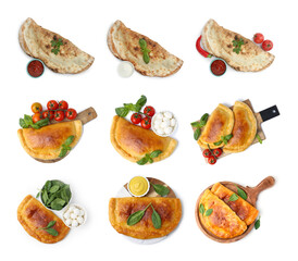 Delicious calzones isolated on white, set. Top view