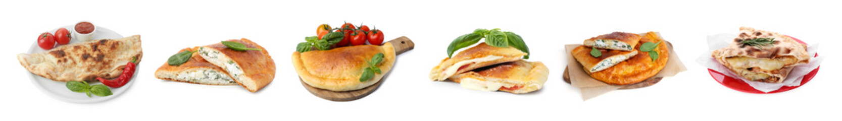 Different delicious calzones isolated on white, set