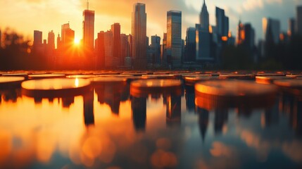 Sunset over a city skyline reflecting on water with coins in the foreground, creating a serene atmosphere