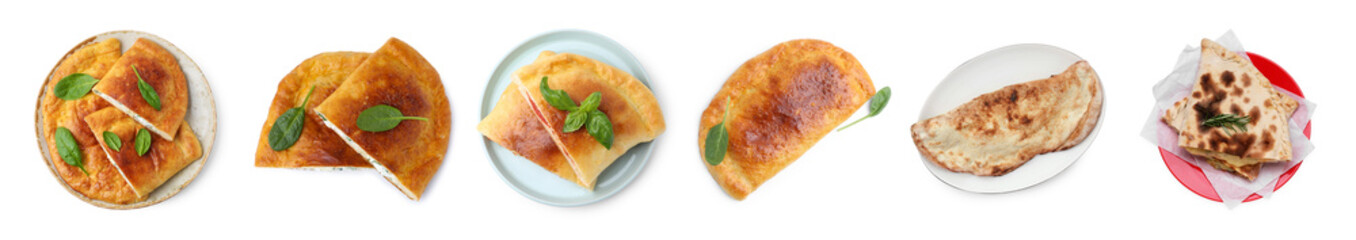 Delicious calzones isolated on white, set. Top view