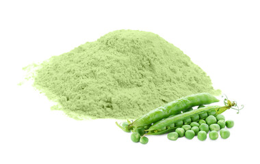 Protein powder and green fresh peas on white background