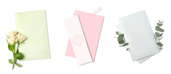 Scented sachets isolated on white, set. Top view