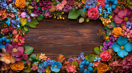 Colorful floral frame on wood, greeting card design